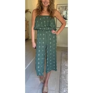 By Together Green Geometric Print Off Shoulder Wide Leg Crop Jumpsuit Large